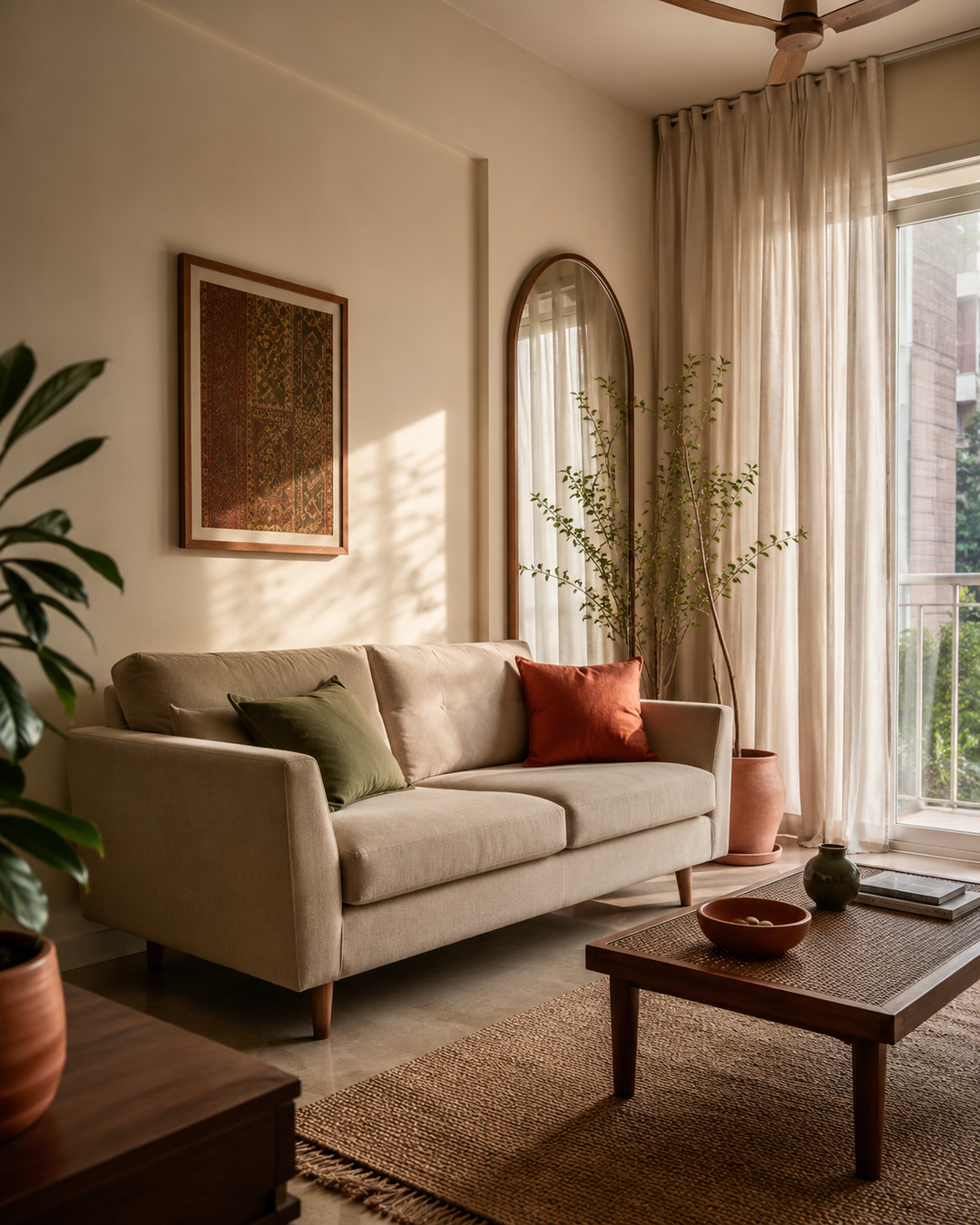 Small Indian living room with floating sofa,  arch mirror and ceiling-height curtains in  warm earthy tones — small living room decor  India 2026