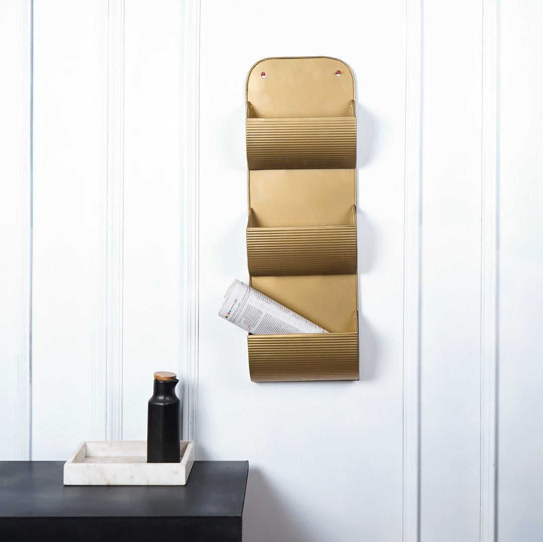 Golden Cascade: Handcrafted Wall Mounted Magazine Holder - The Artment