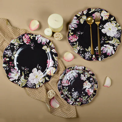 Victorian Black Floral Plate Set (Dinner plate + Quarter plate)