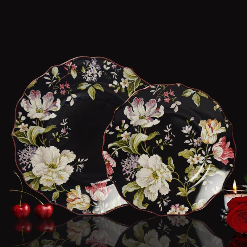 Victorian Black Floral Plate Set (1 Dinner plate + 1 Quarter plate) - The artment